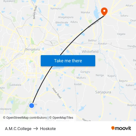 A.M.C.College to Hoskote map