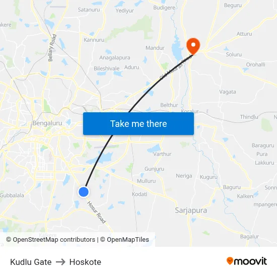 Kudlu Gate to Hoskote map