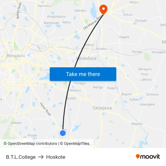 B.T.L.College to Hoskote map