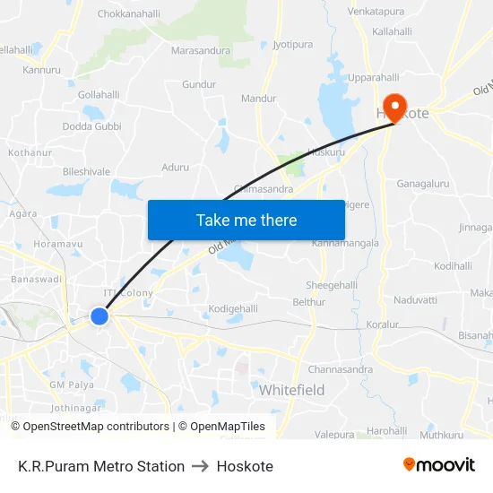 K.R.Puram Metro Station to Hoskote map