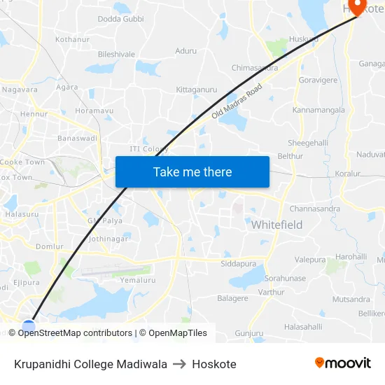 Krupanidhi College Madiwala to Hoskote map