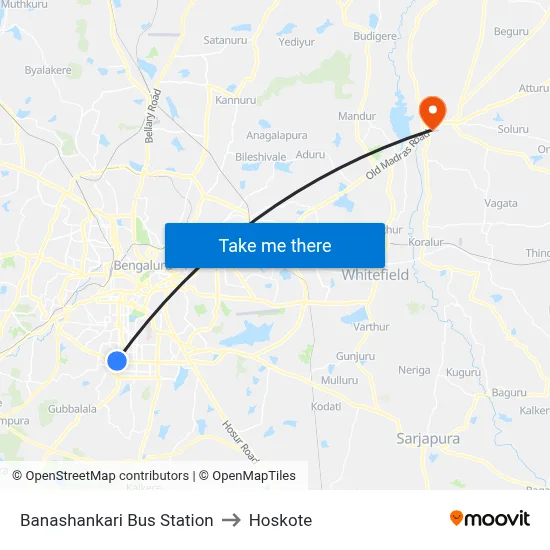 Banashankari Bus Station to Hoskote map