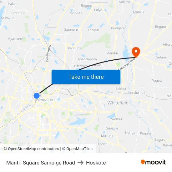 Mantri Square Sampige Road to Hoskote map