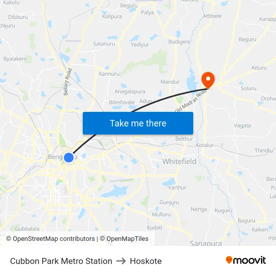 Cubbon Park Metro Station to Hoskote map