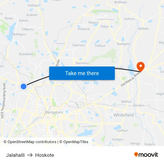 Jalahalli to Hoskote map