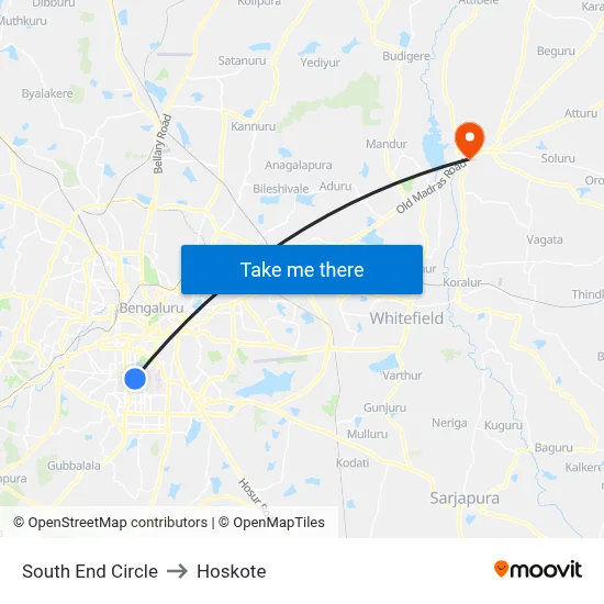 South End Circle to Hoskote map