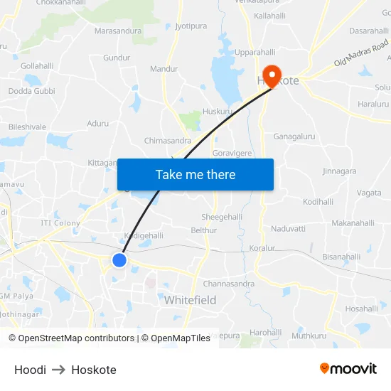 Hoodi to Hoskote map