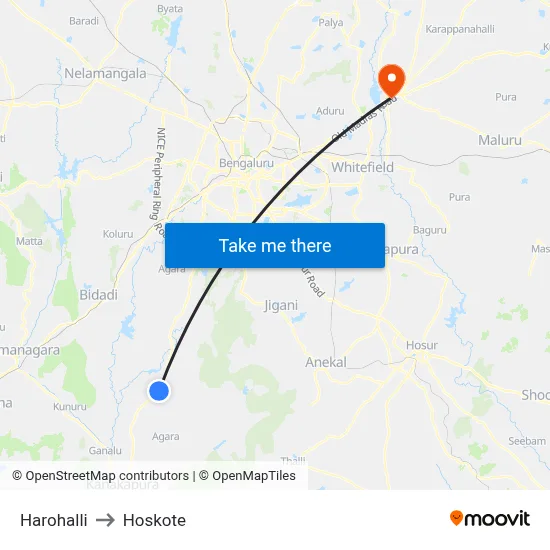 Harohalli to Hoskote map