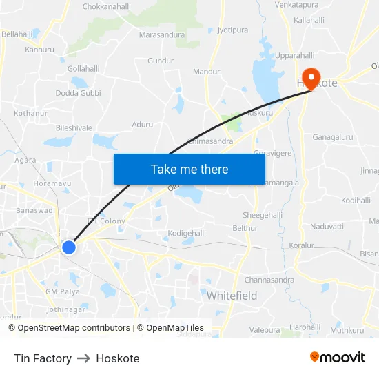 Tin Factory to Hoskote map