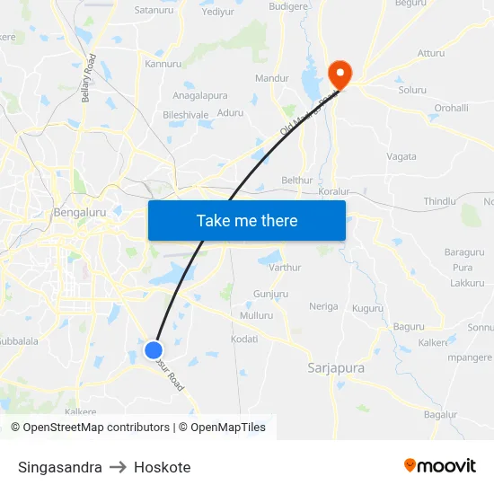 Singasandra to Hoskote map