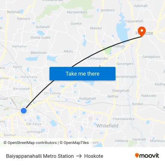Baiyappanahalli Metro Station to Hoskote map