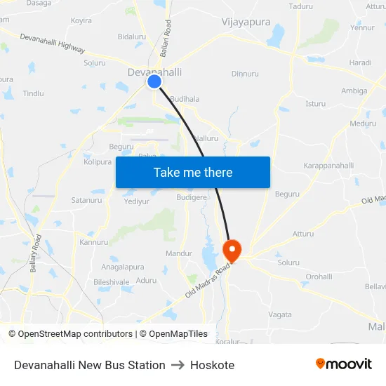 Devanahalli New Bus Station to Hoskote map