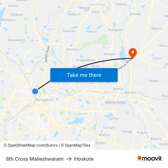 8th Cross Malleshwaram to Hoskote map