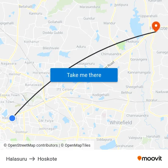 Halasuru to Hoskote map