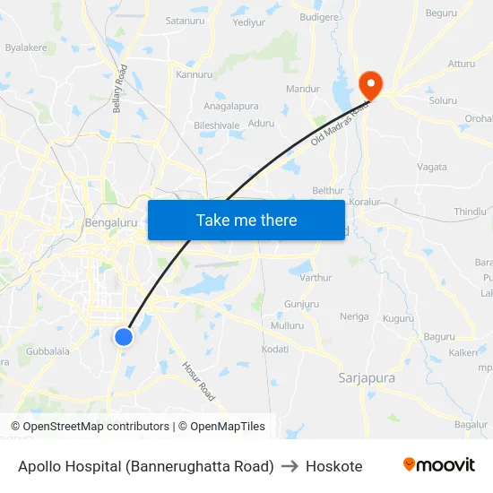 Apollo Hospital (Bannerughatta Road) to Hoskote map