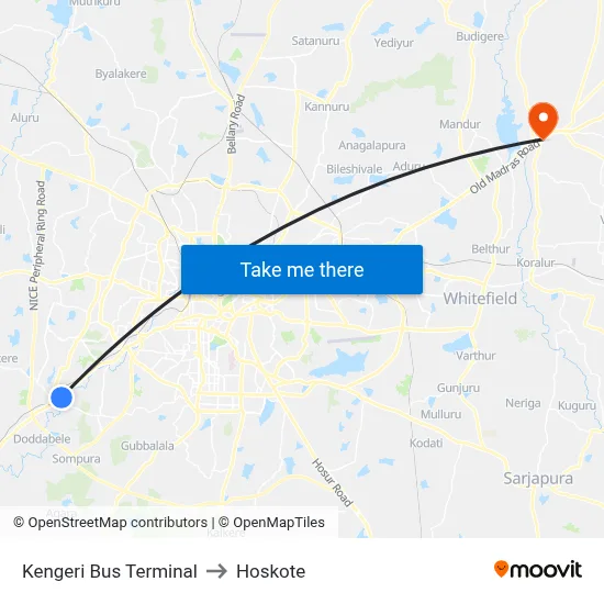 Kengeri Bus Terminal to Hoskote map
