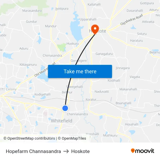 Hopefarm Channasandra to Hoskote map