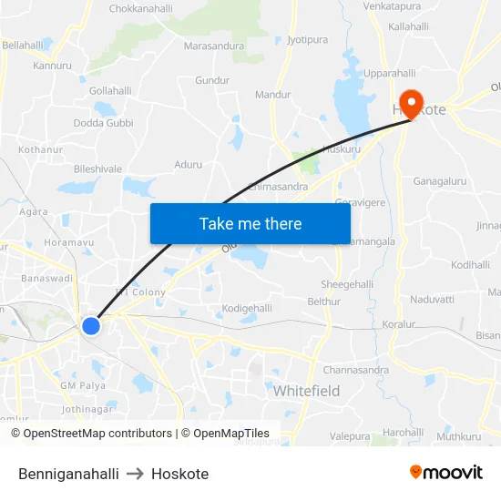 Benniganahalli to Hoskote map