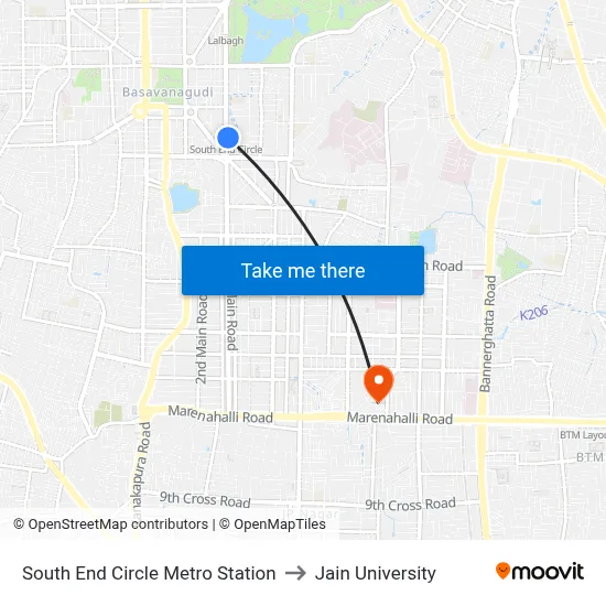 South End Circle Metro Station to Jain University map