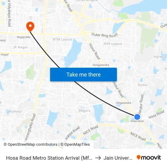 Hosa Road Metro Station Arrival (Mf-22e) to Jain University map