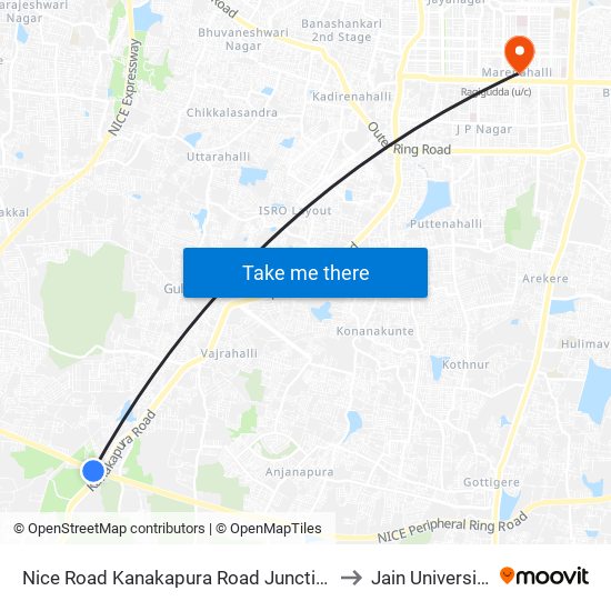 Nice Road Kanakapura Road Junction to Jain University map