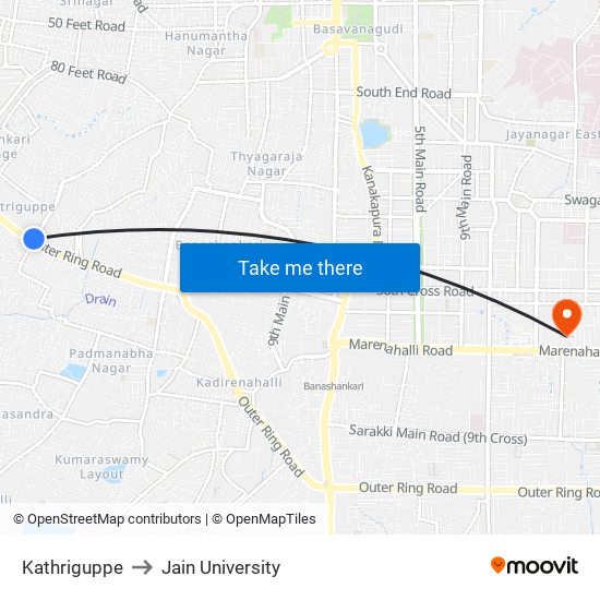 Kathriguppe to Jain University map