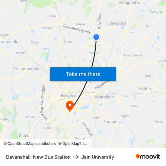 Devanahalli New Bus Station to Jain University map