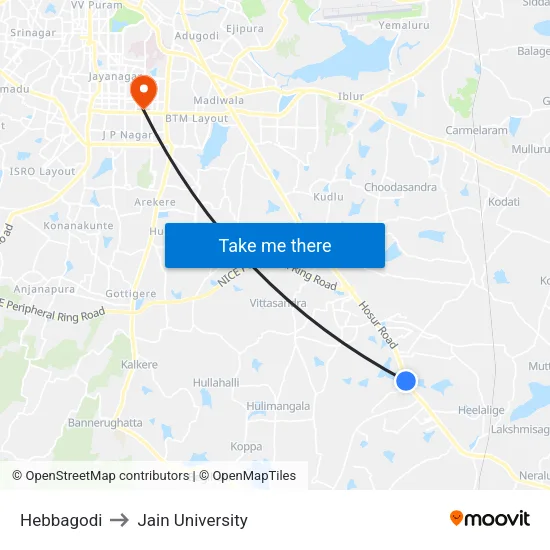 Hebbagodi to Jain University map