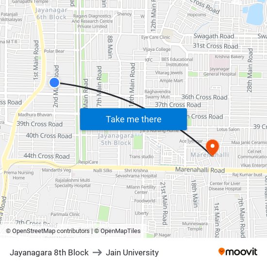 Jayanagara 8th Block to Jain University map