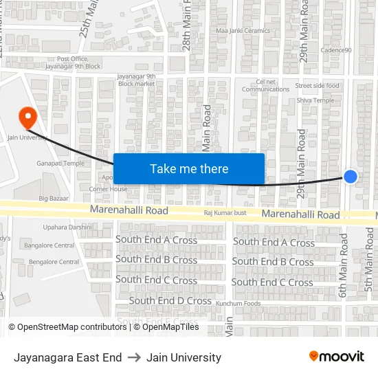 Jayanagara East End to Jain University map