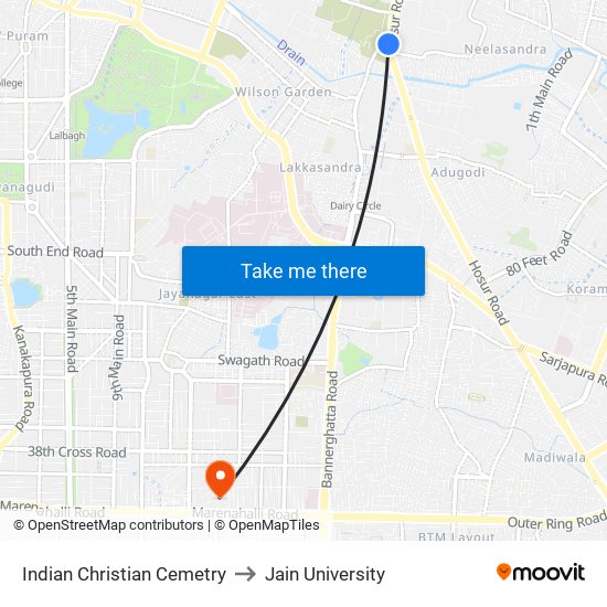 Indian Christian Cemetry to Jain University map