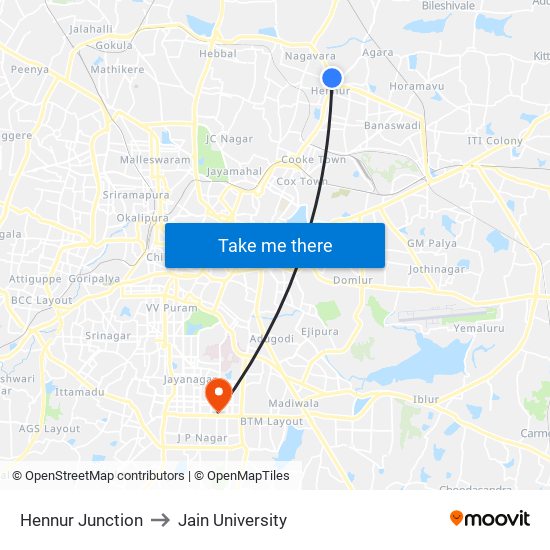 Hennur Junction to Jain University map