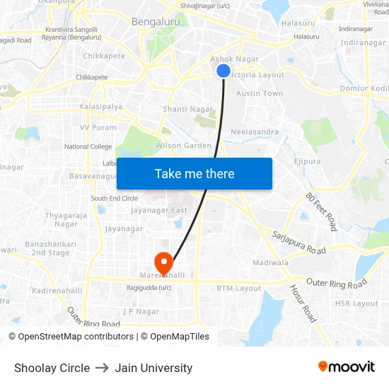 Shoolay Circle to Jain University map