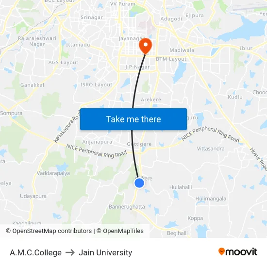 A.M.C.College to Jain University map