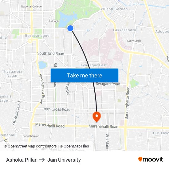 Ashoka Pillar to Jain University map