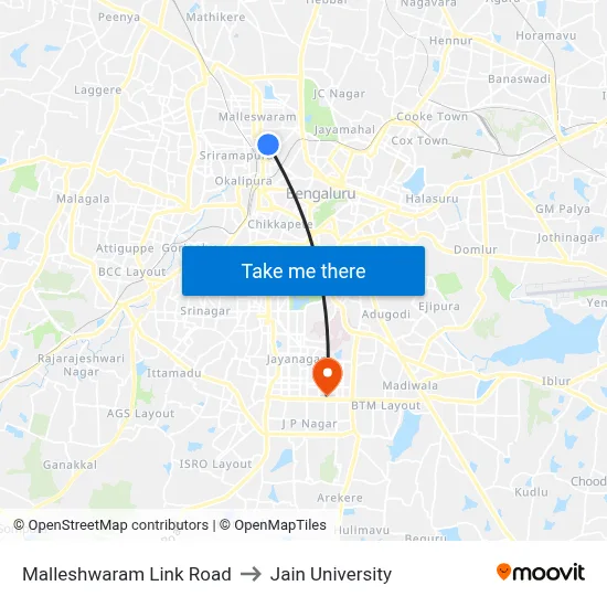 Malleshwaram Link Road to Jain University map