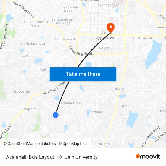 Avalahalli Bda Layout to Jain University map