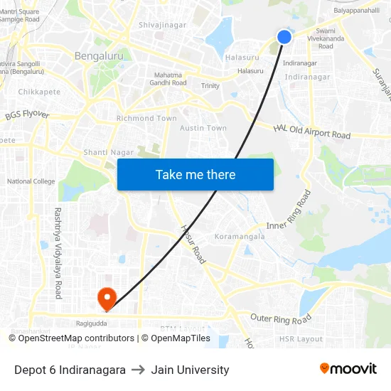 Depot 6 Indiranagara to Jain University map