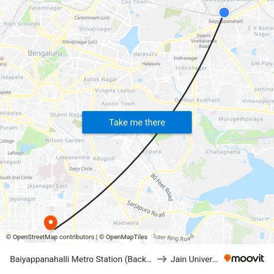 Baiyappanahalli Metro Station (Back Gate) to Jain University map