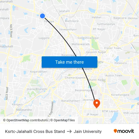 Ksrtc-Jalahalli Cross Bus Stand to Jain University map