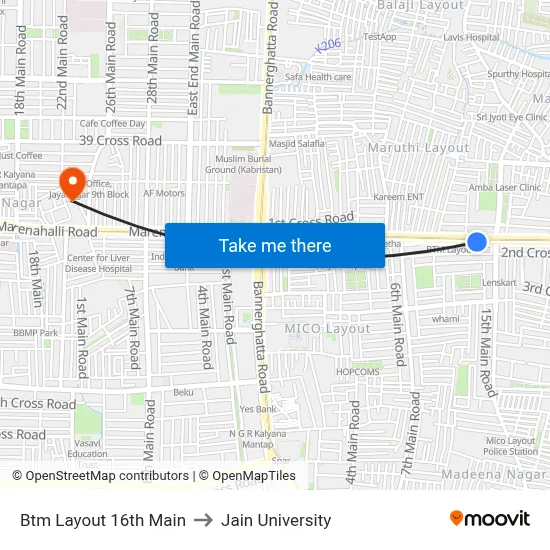 Btm Layout 16th Main to Jain University map