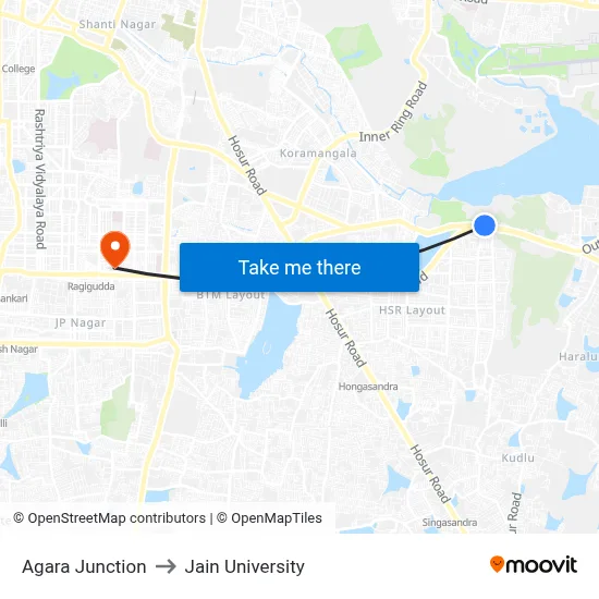 Agara Junction to Jain University map