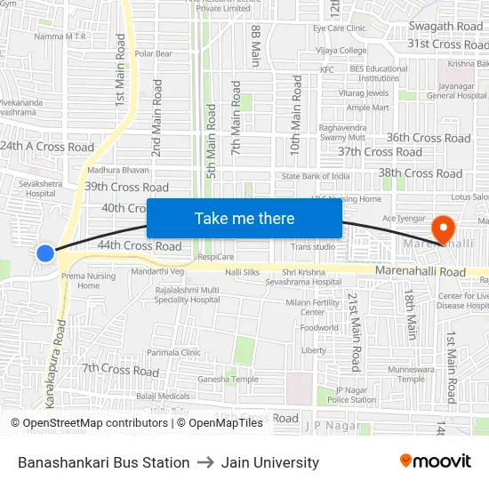 Banashankari Bus Station to Jain University map