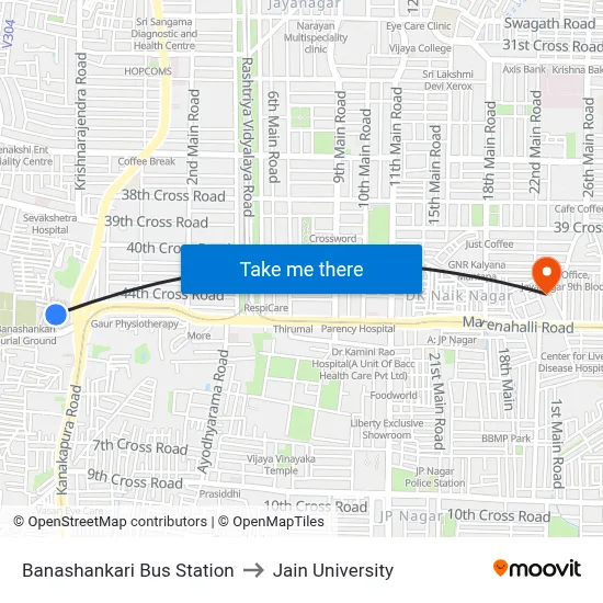 Banashankari Bus Station to Jain University map