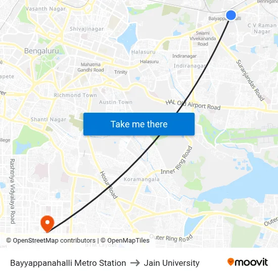 Bayyappanahalli Metro Station to Jain University map