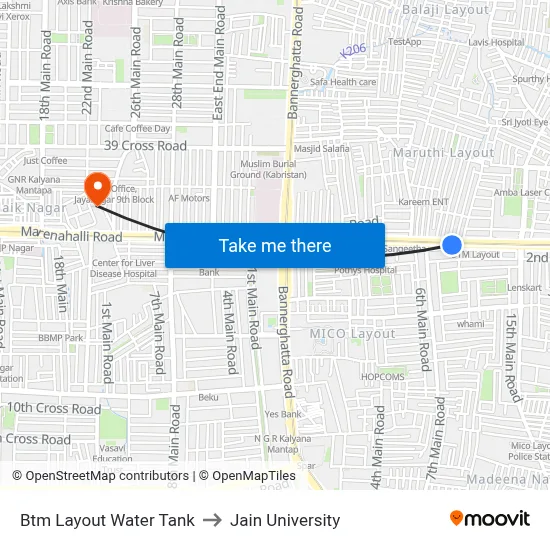 Btm Layout Water Tank to Jain University map