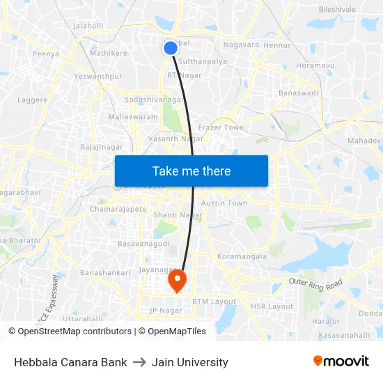Hebbala Canara Bank to Jain University map