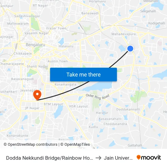 Dodda Nekkundi Bridge/Rainbow Hospital to Jain University map