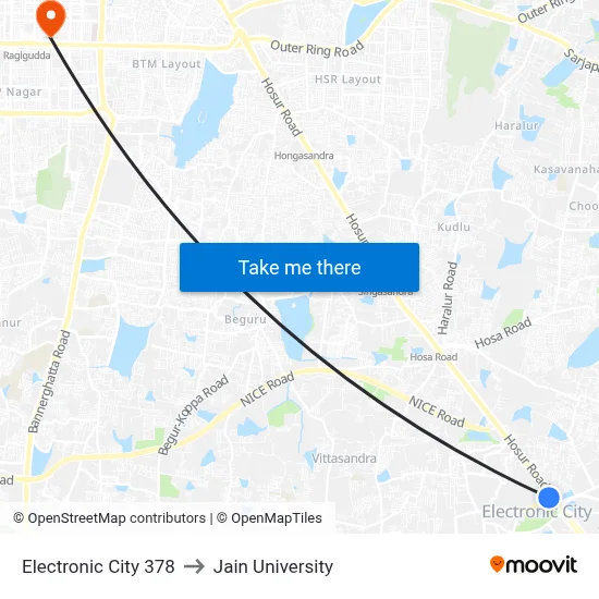 Electronic City 378 to Jain University map