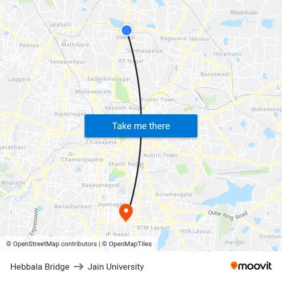 Hebbala Bridge to Jain University map